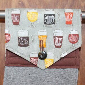 CRAFT BEER PRINT GRAY & BROWN HANDMADE HANGING KITCHEN TOWEL GRAY COTTON TOWEL